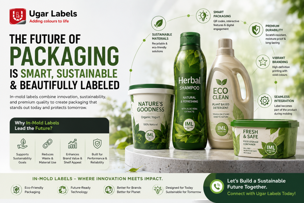 Future-focused packaging concept featuring sustainable materials, smart packaging technology, and premium in-mold labeling solutions.