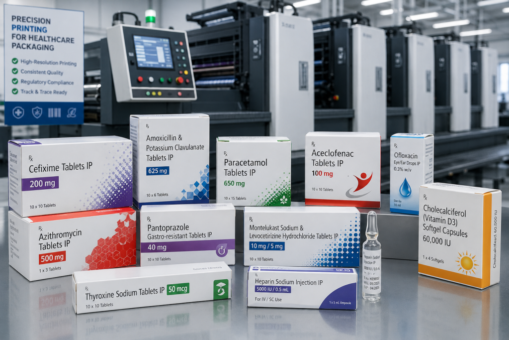 Pharmaceutical cartons and healthcare packaging produced with high-precision offset printing technology.